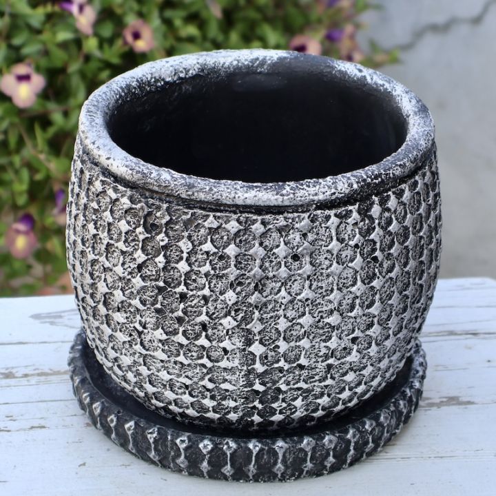 受皿付き☆エレガンスマーブルポット・ブラックS（直径14cm）