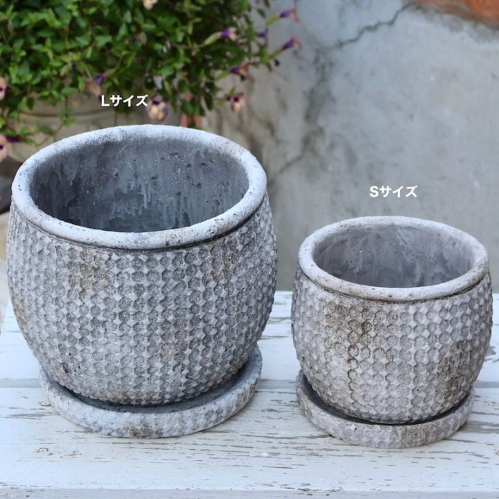 受皿付き☆エレガンスマーブルポット・ブラウンタッチグレーL（直径19cm）