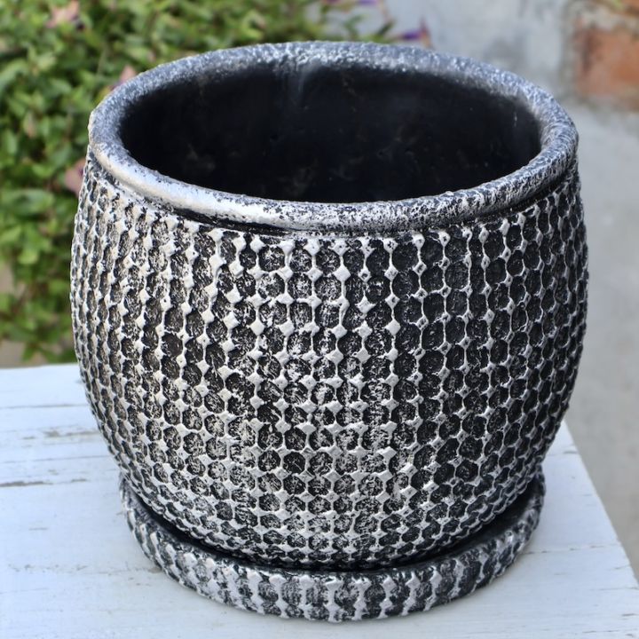 受皿付き☆エレガンスマーブルポット・ブラックL（直径19cm）