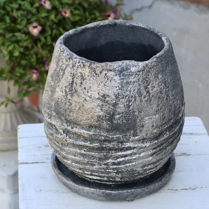 受皿付き☆イマジンポット・グレー（直径17cm）