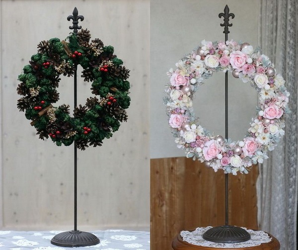 ✩クリスマスリース＆アイアン製リーススタンドのセット☆&スノーマンのオブジェ ✩クリスマスリース＆アイアン製リーススタンドのセット