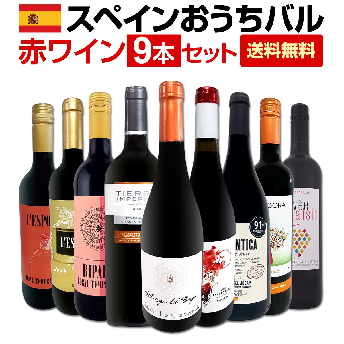 【送料無料】おうちタパスにピッタリ！スペイン各地の赤飲み比べ！おうちバル赤ワイン9本セット！