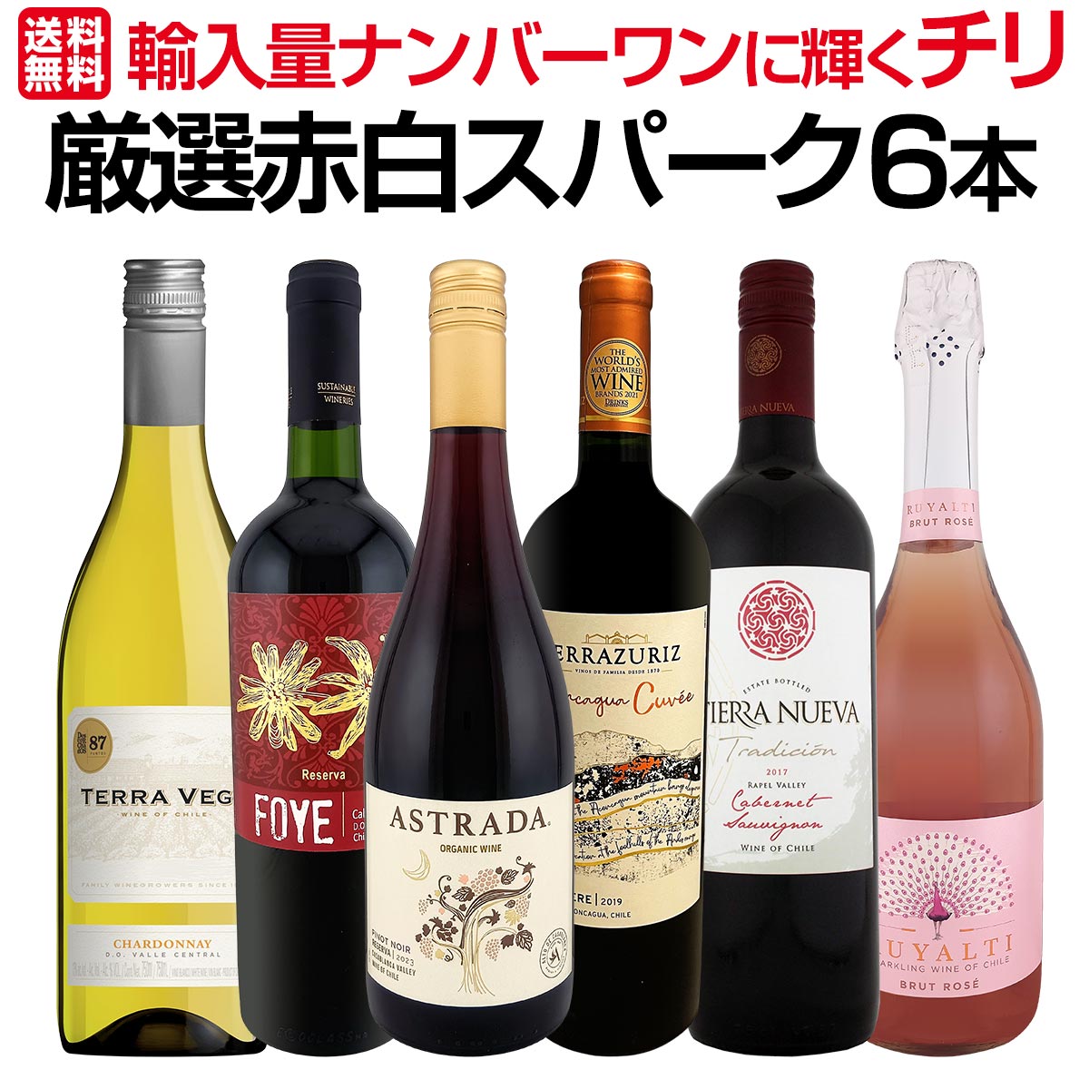 【送料無料】今や輸入量ナンバーワンに輝くチリ！厳選赤白スパーク6本セット！