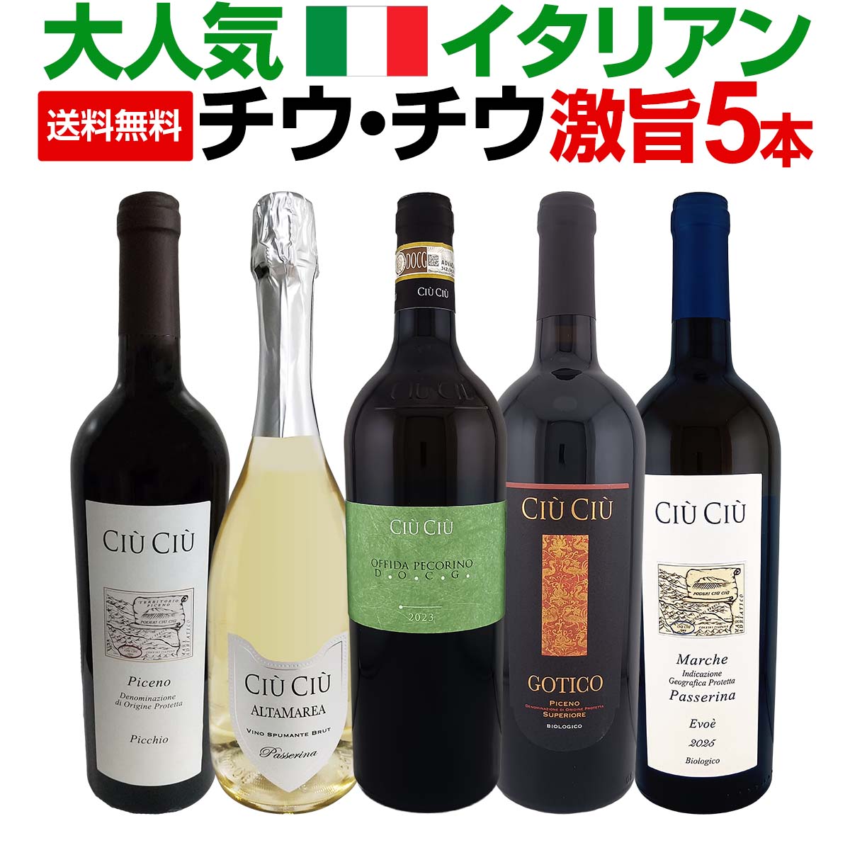 【送料無料】大人気イタリアン チウ・チウ 激旨5本セット 赤ワイン 白ワイン スパークリング スプマンテ フリッツァンテ 飲み比べ バラエティ セット ゴティコ エヴォエ ピッキオ アルタマレア メルレッタイエ ペコリーノ パッセリーナ ピチェーノ オーク樽 熟成 お得 ギフト