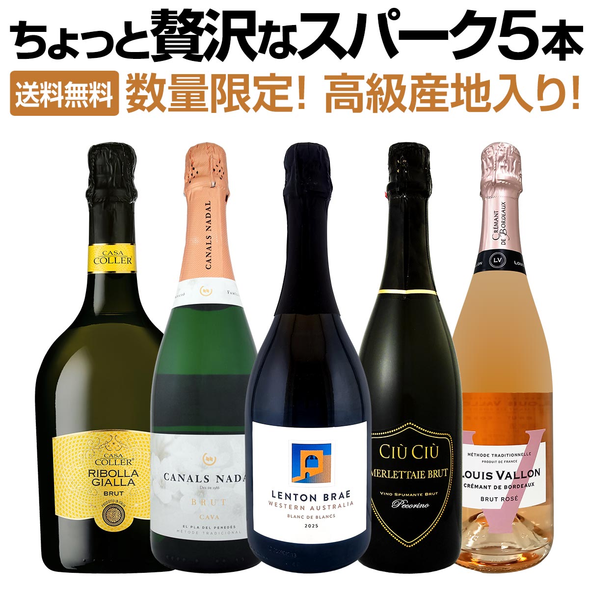 【送料無料!数量限定!！】高級産地入り！ちょっと贅沢なスパークリングワイン5本セット