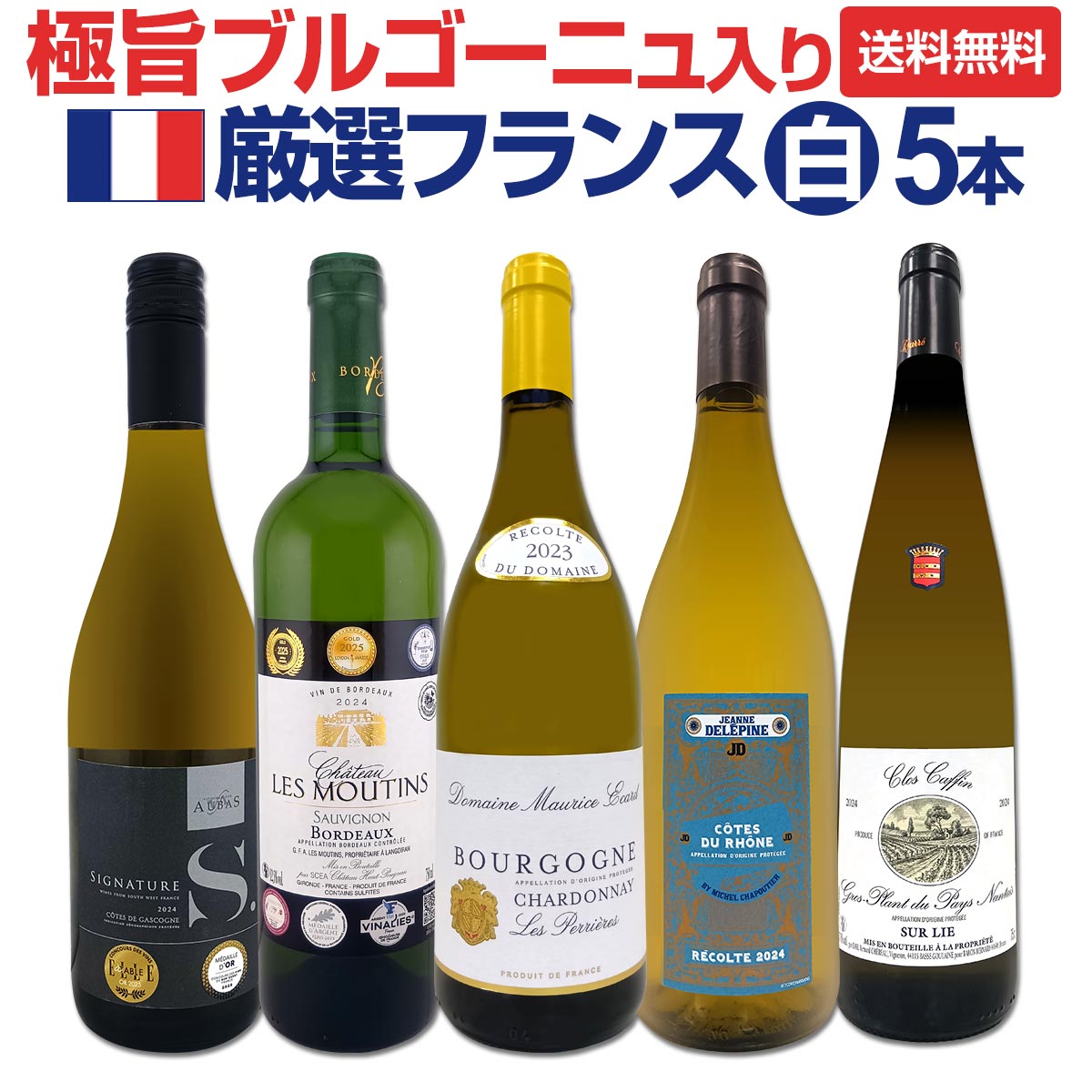 【送料無料】極旨ブルゴーニュ入り★厳選フランス白ワイン5本セット!!