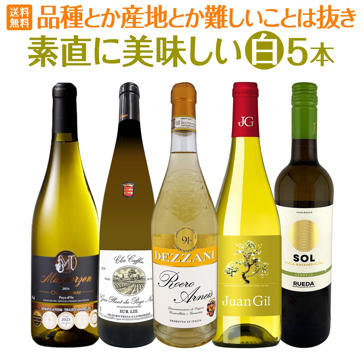 【送料無料】品種とか産地とか難しいことは抜き！素直に美味しい白ワイン5本セット！