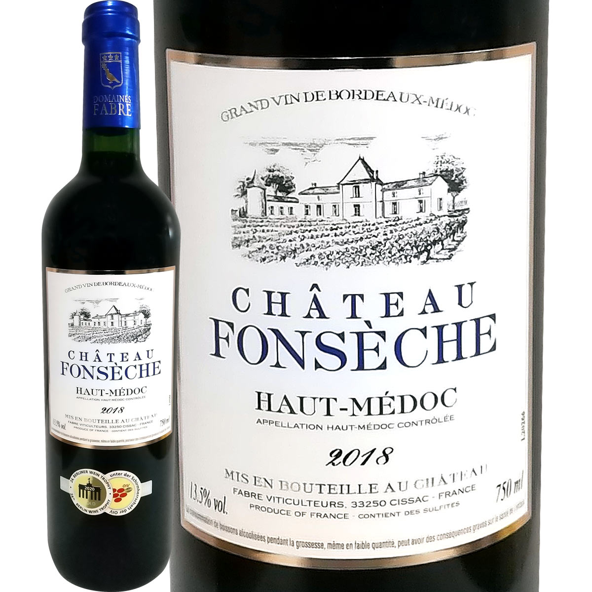 シャトー・フォンセッシュ 2018 赤ワイン フランス ボルドー オー・メドック 750ml カベルネ・ソーヴィニョン50% メルロー50% ミディアムボディ 辛口 ドライ ベルリン・ワイン・トロフィー 金賞 受賞 柔らかく広がる優雅な味わい ほどよい凝縮感 丸みのあるタンニン ステーキ