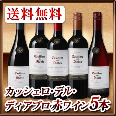 【送料無料】カッシェロ・デル・ディアブロ 赤ワイン5本セット! チリ産 コンチャ・イ・トロ ブランド カベルネ・ソーヴィニヨン メルロー カルメネール シラーズ ピノ・ノワール 各750ml フルボディ ミディアムボディ 飲み比べ セット プレミアムワイン 熟成 ワイン王国5つ星