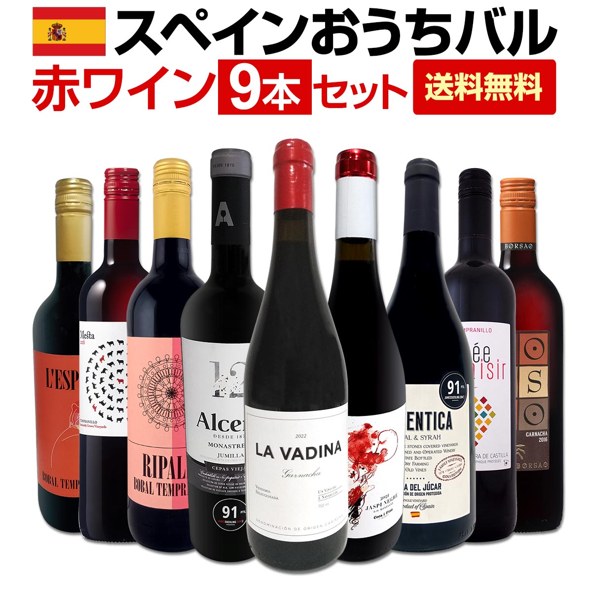【送料無料】おうちタパスにピッタリ！スペイン各地の赤飲み比べ！おうちバル赤ワイン9本セット！