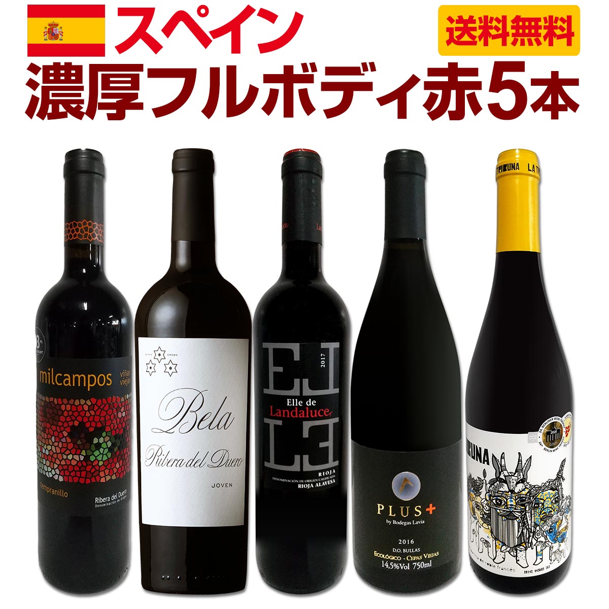 送料無料】たっぷりコク旨!!スペイン濃厚フルボディ赤ワイン5本セット