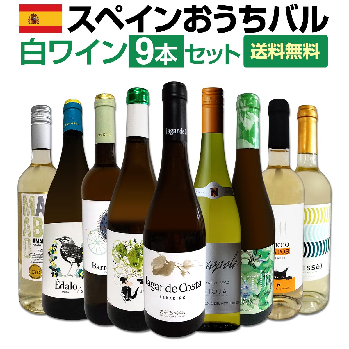 【送料無料】おうちタパスにピッタリ！スペイン各地の白飲み比べ！おうちバル白ワイン9本セット！