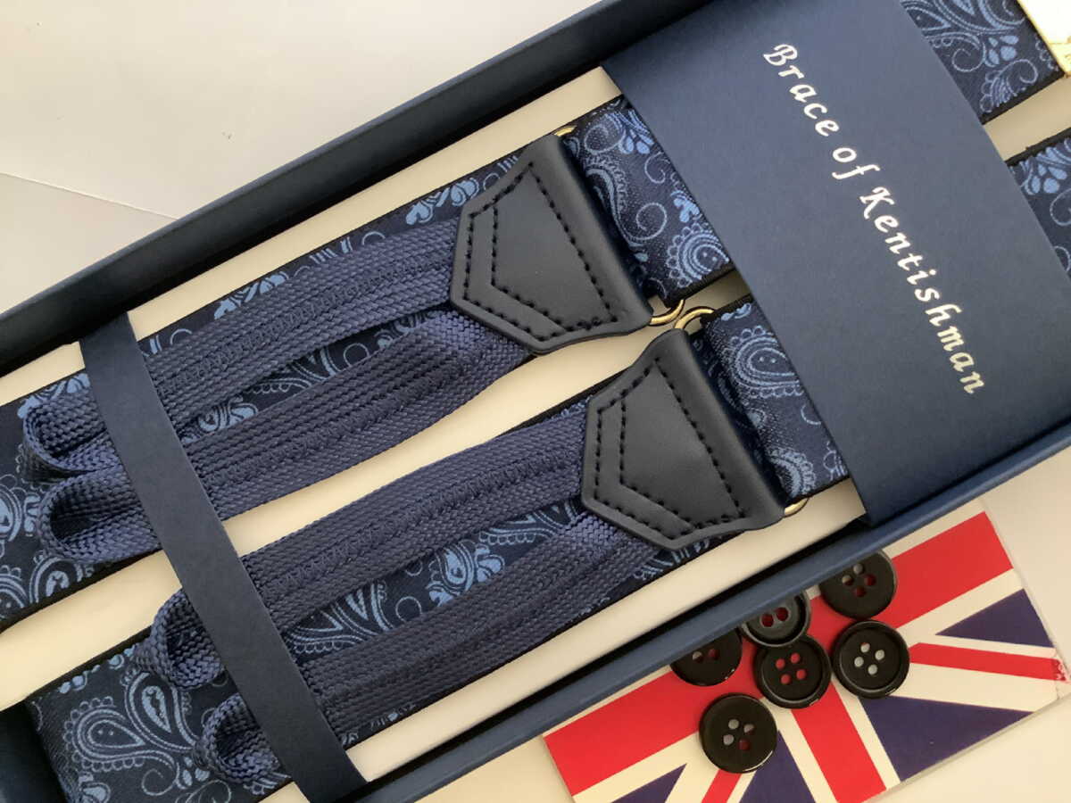 サスペンダー英国流クラシック6ボタン留ペイズリーwithブルーブレイド
