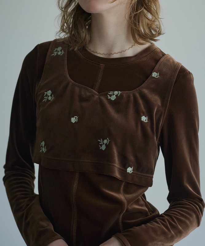 シルキーベロアフラワー刺繍バックリボンビスチェ