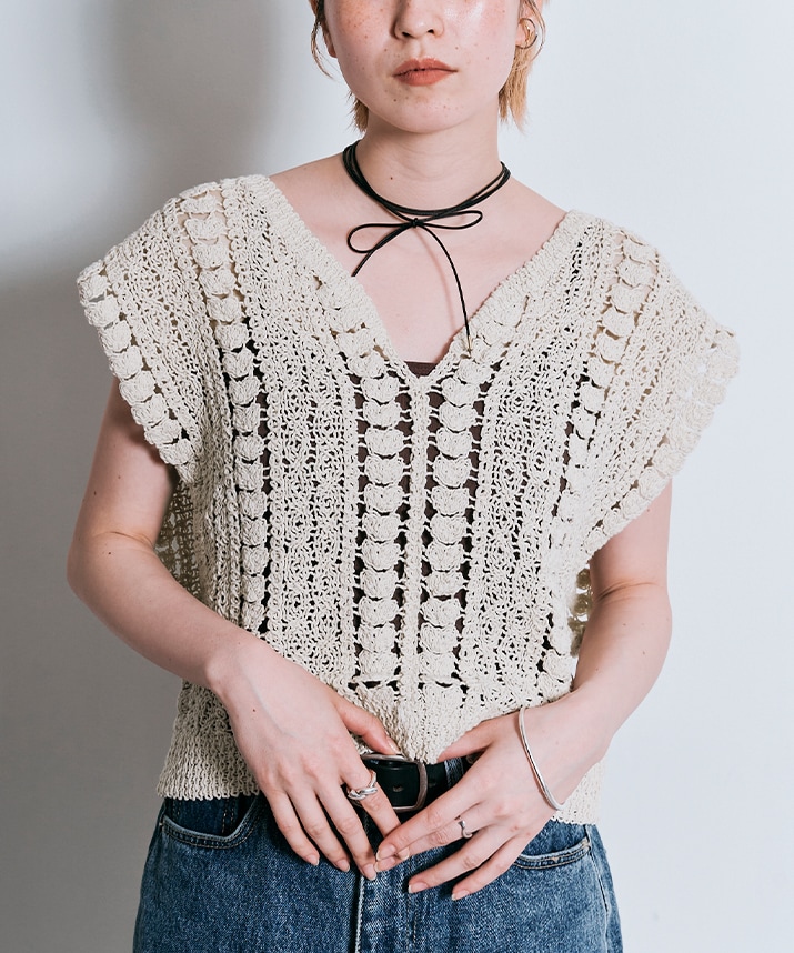 キーネッククロシェニットトップス 全2色 【SALE】