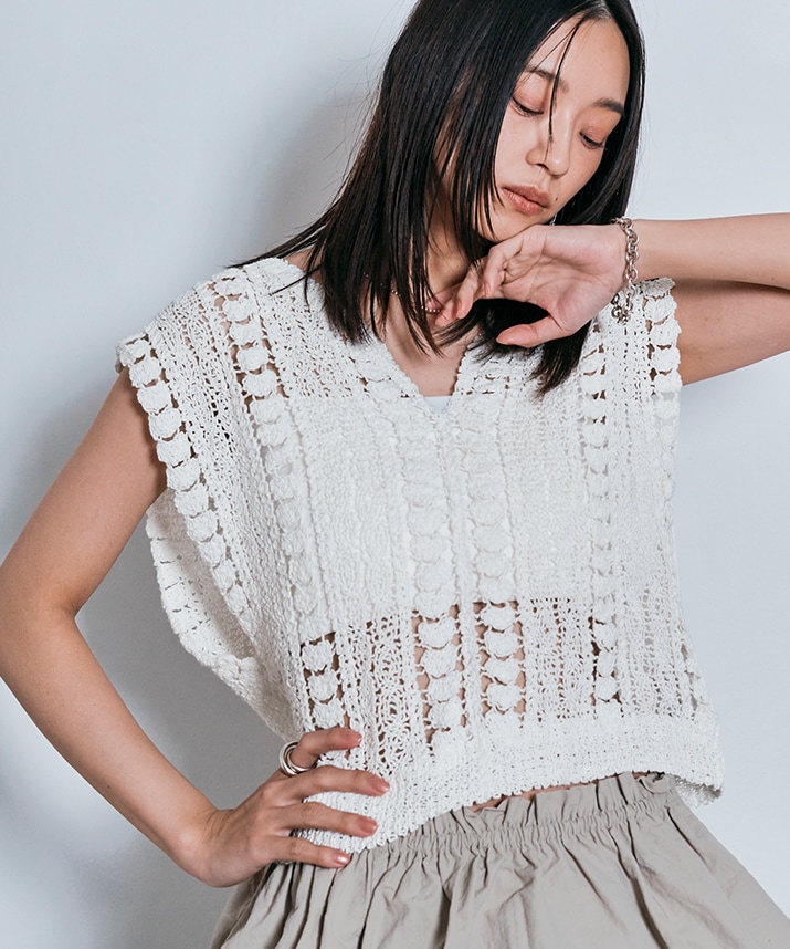 キーネッククロシェニットトップス 全2色 【SALE】