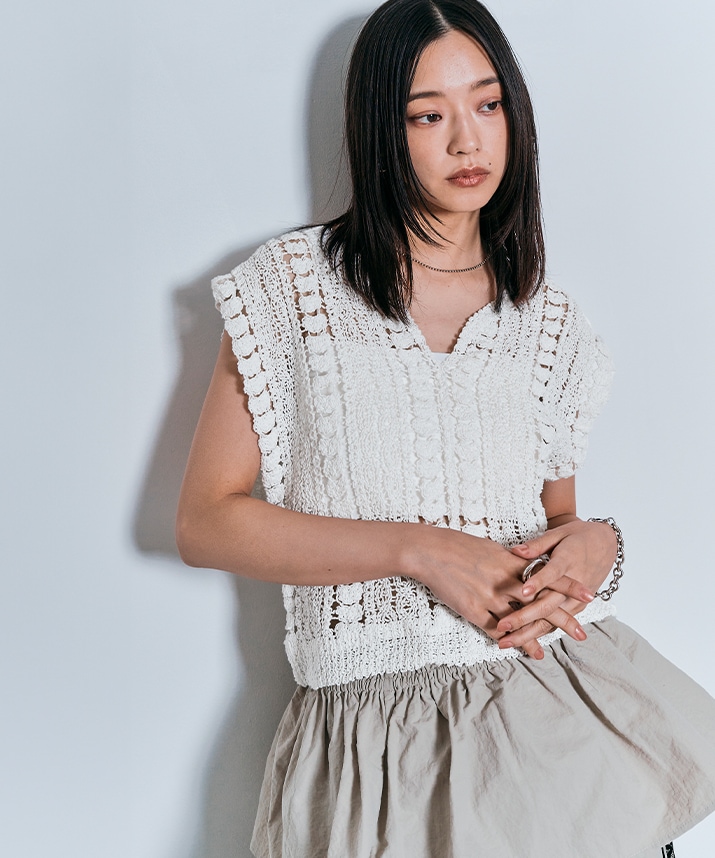 キーネッククロシェニットトップス 全2色 【SALE】