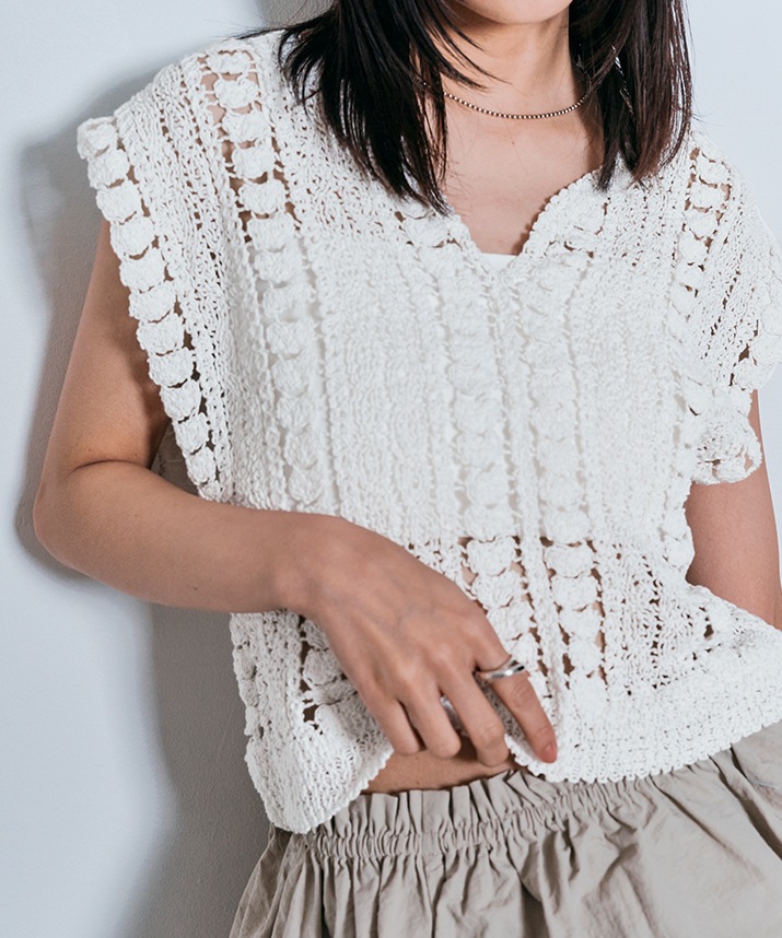 キーネッククロシェニットトップス 全2色 【SALE】