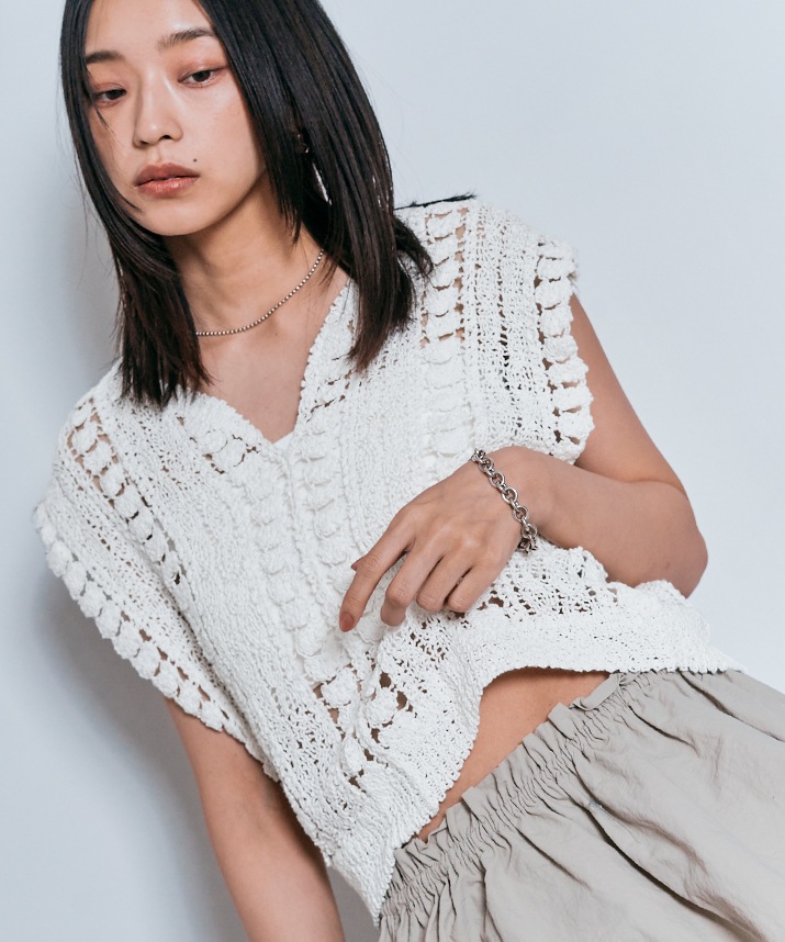 キーネッククロシェニットトップス 全2色 【SALE】