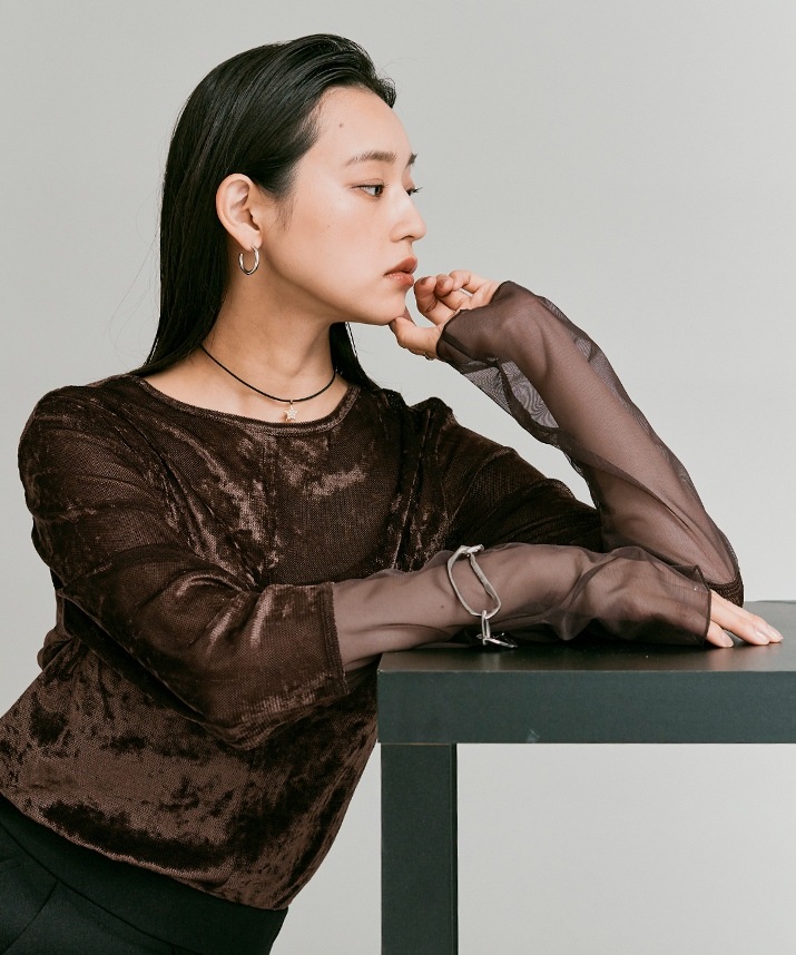 スリーブ切り替えメッシュベロアトップス 全4色 【新作SALE