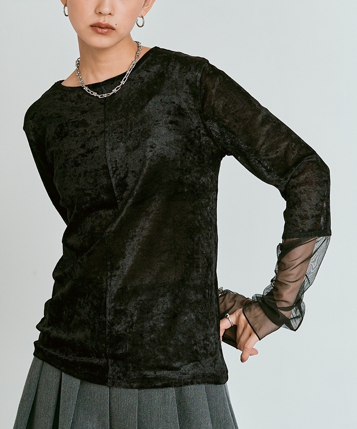 スリーブ切り替えメッシュベロアトップス 全4色 【新作SALE