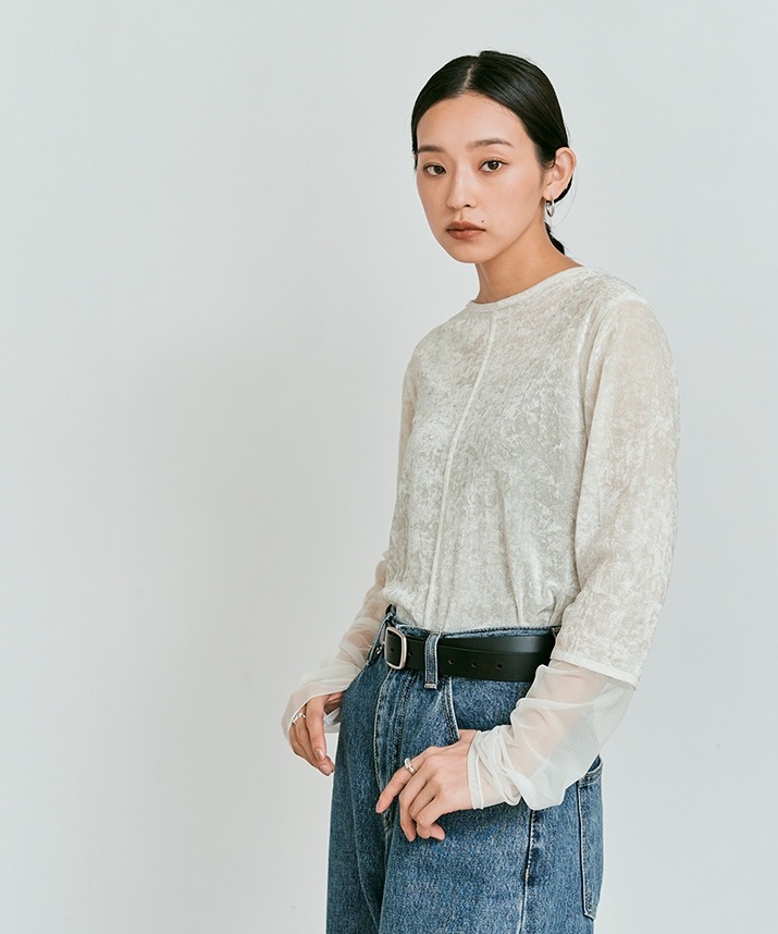 スリーブ切り替えメッシュベロアトップス 全4色 【新作SALE