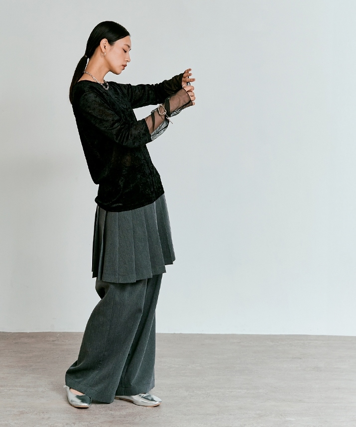 スリーブ切り替えメッシュベロアトップス 全4色 【新作SALE