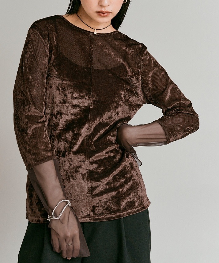 スリーブ切り替えメッシュベロアトップス 全4色 【新作SALE】 | すべて