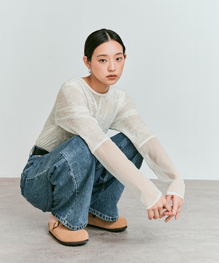 スリーブ切り替えメッシュベロアトップス 全4色 【新作SALE