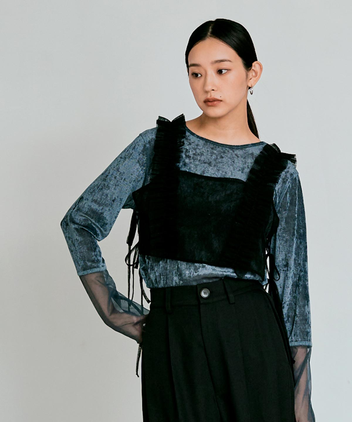 シフォンリボンビスチェ風カットソー ヘビロテアイテム】ビスチェ風シフォンドットカットソー | La boutique