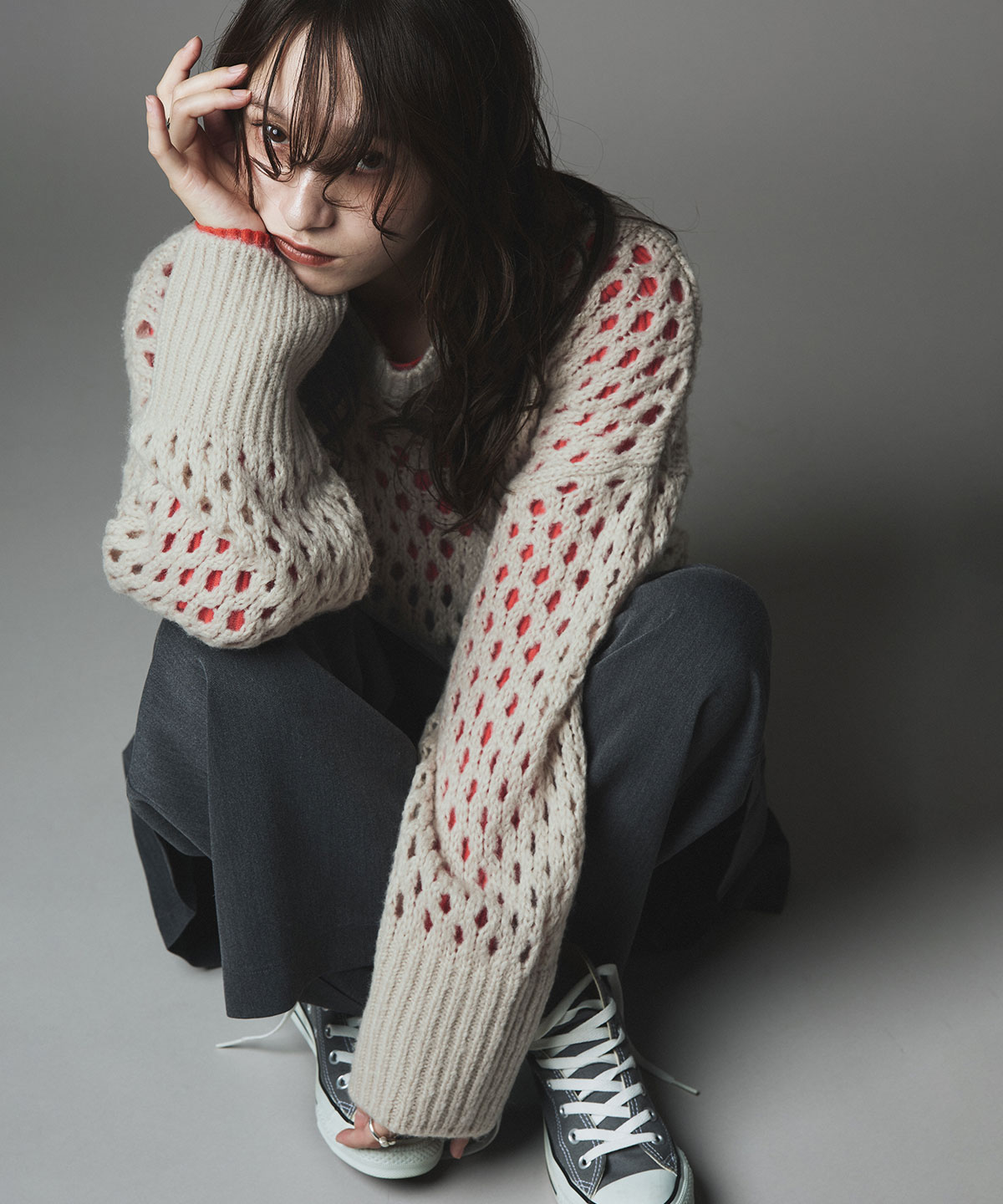 メッシュ編みルーズショートニット 全4色