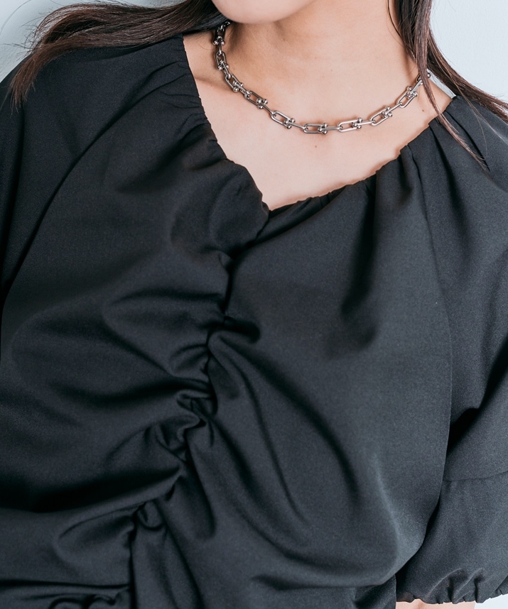 シャーリングハーフスリーブブラウス 全4色 2サイズ 【SALE】