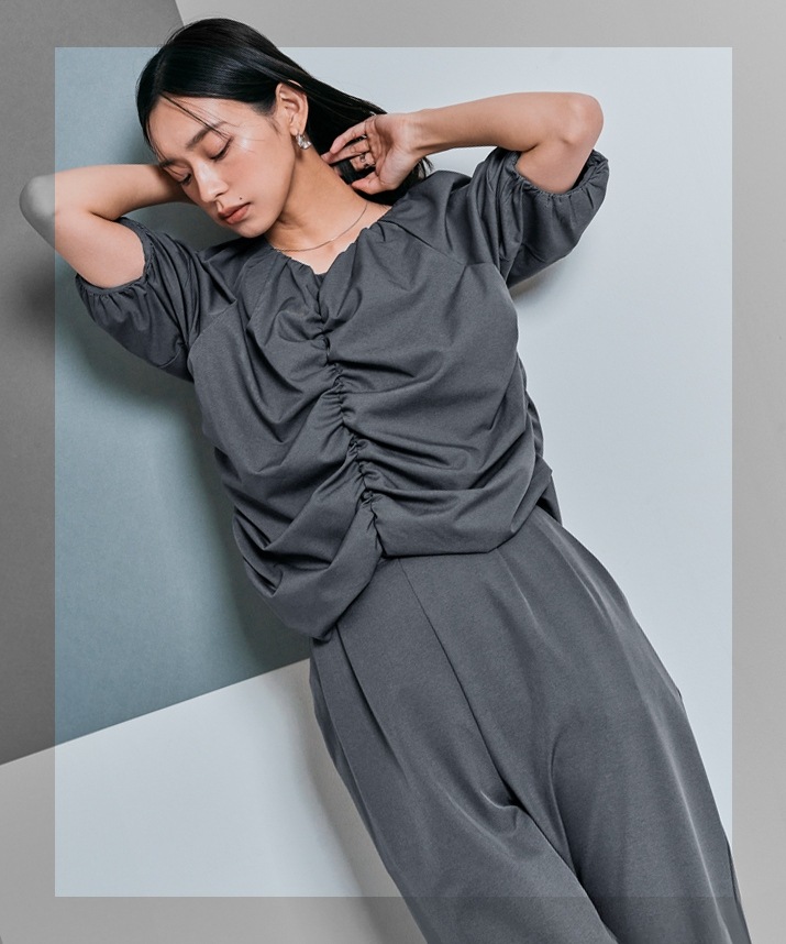 シャーリングハーフスリーブブラウス 全4色 2サイズ 【SALE】