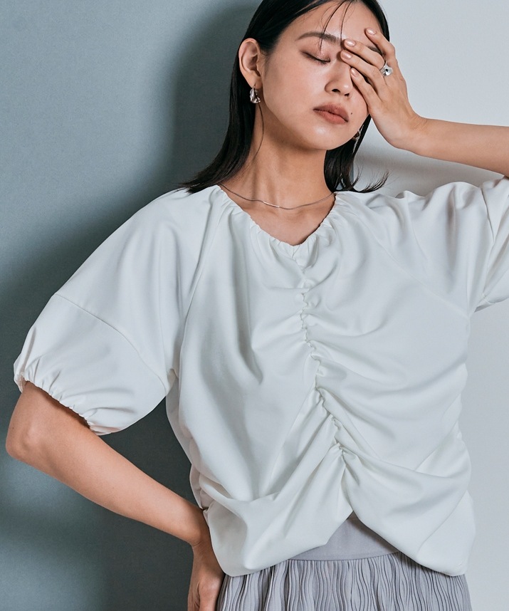 シャーリングハーフスリーブブラウス 全4色 2サイズ 【SALE】