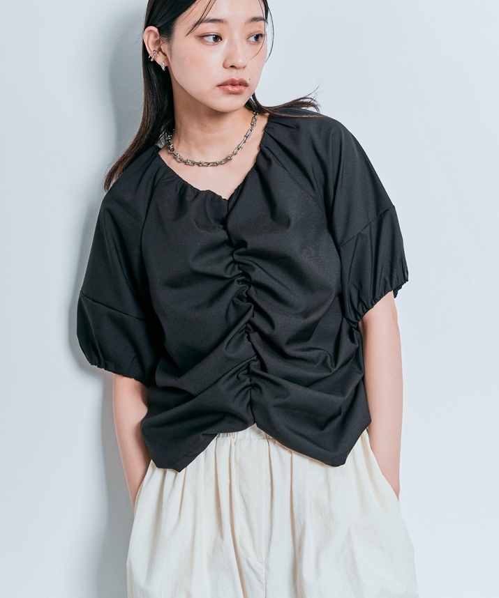 シャーリングハーフスリーブブラウス 全4色 2サイズ 【SALE】