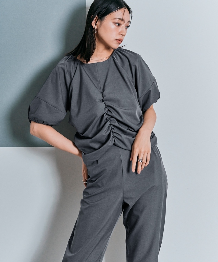 シャーリングハーフスリーブブラウス 全4色 2サイズ 【SALE】