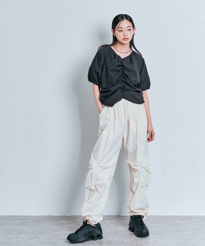 シャーリングハーフスリーブブラウス 全4色 2サイズ 【SALE】