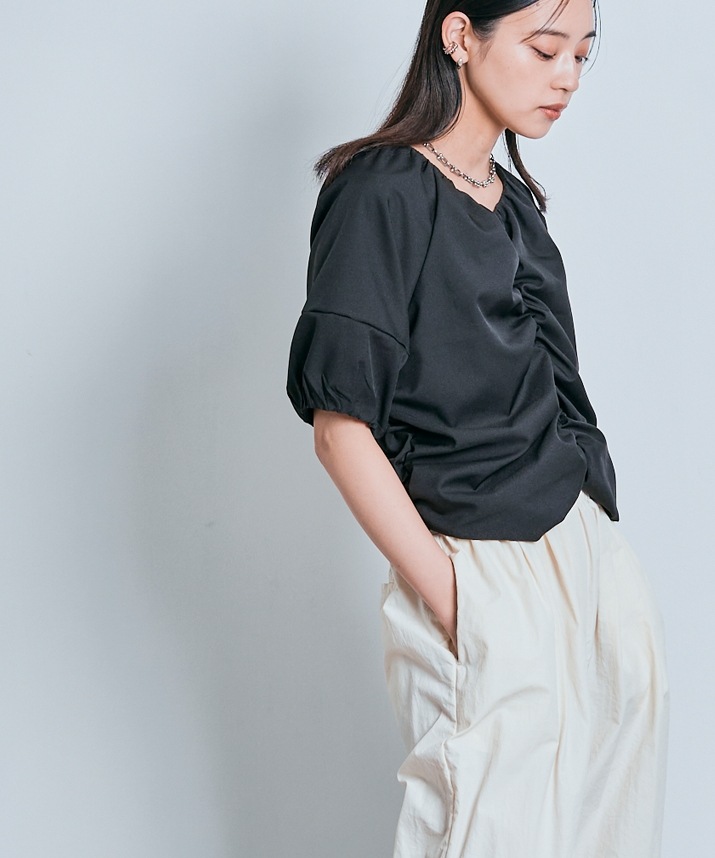 シャーリングハーフスリーブブラウス 全4色 2サイズ 【SALE】