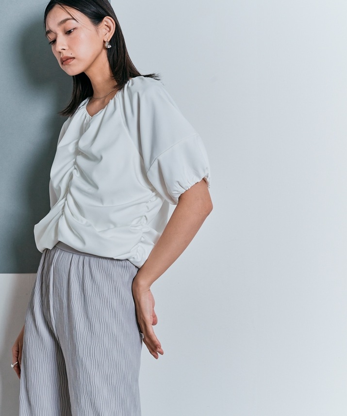 シャーリングハーフスリーブブラウス 全4色 2サイズ 【SALE】