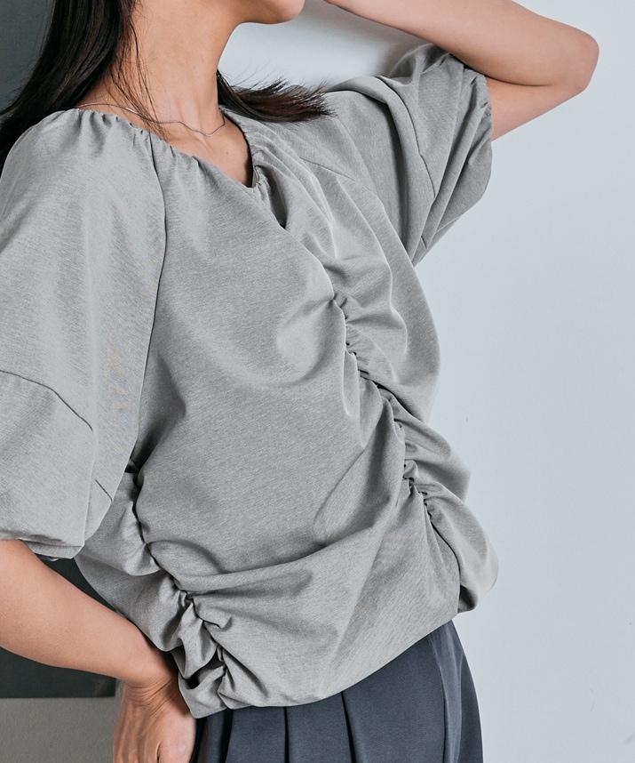 シャーリングハーフスリーブブラウス 全4色 2サイズ 【SALE】