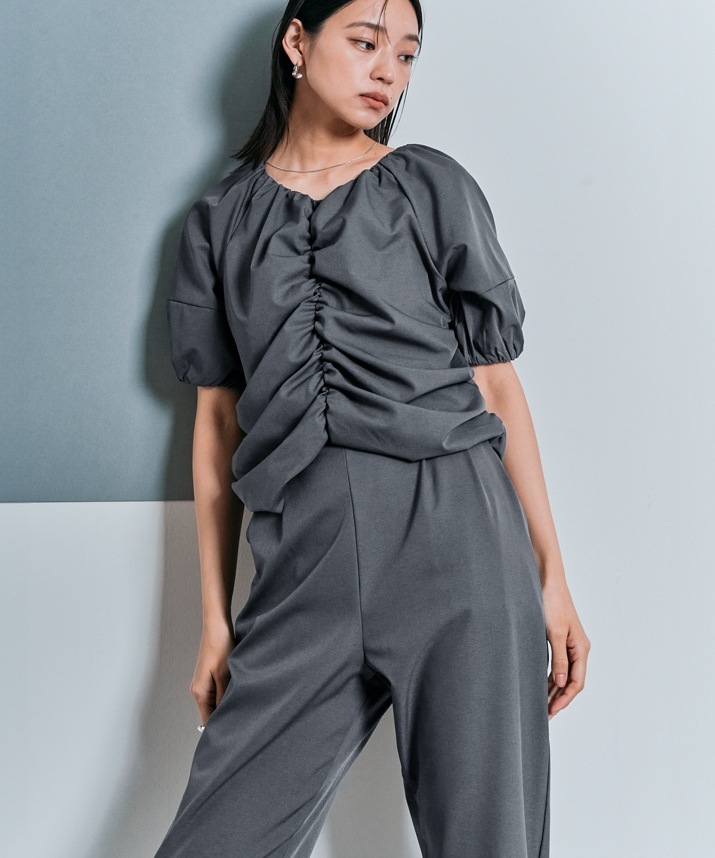 シャーリングハーフスリーブブラウス 全4色 2サイズ 【SALE】