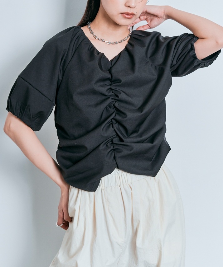 シャーリングハーフスリーブブラウス 全4色 2サイズ 【SALE】