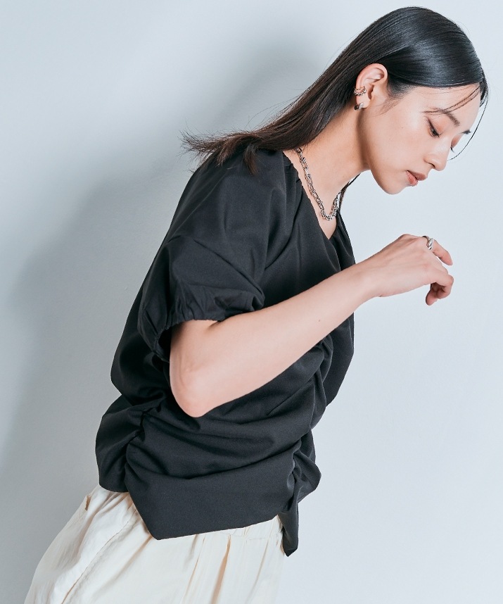 シャーリングハーフスリーブブラウス 全4色 2サイズ 【SALE】