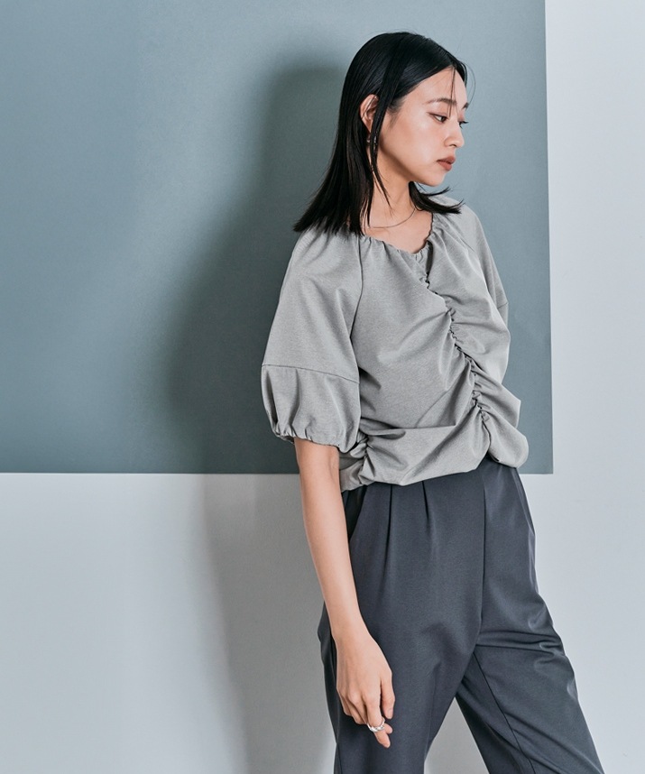 シャーリングハーフスリーブブラウス 全4色 2サイズ 【SALE】