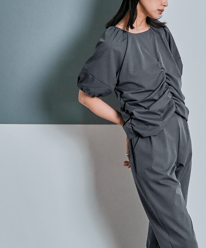 シャーリングハーフスリーブブラウス 全4色 2サイズ 【SALE】