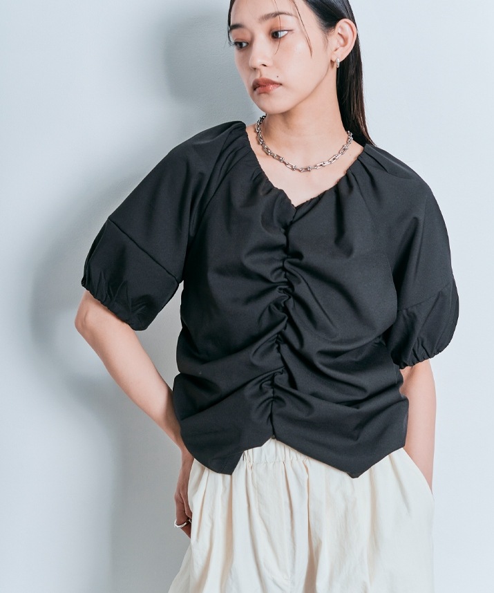 シャーリングハーフスリーブブラウス 全4色 2サイズ 【SALE】