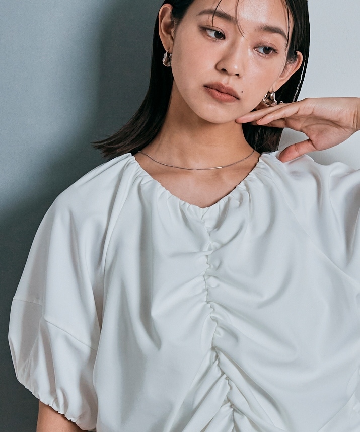 シャーリングハーフスリーブブラウス 全4色 2サイズ 【SALE】