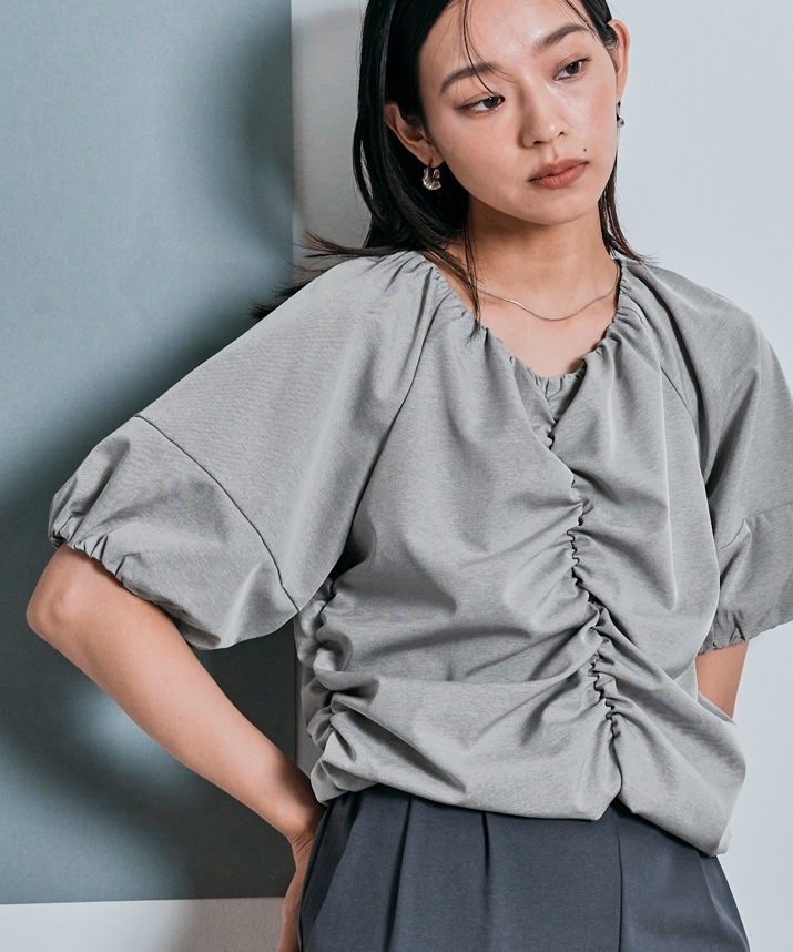 シャーリングハーフスリーブブラウス 全4色 2サイズ 【SALE】