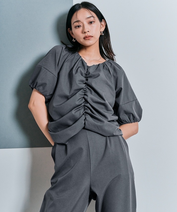 シャーリングハーフスリーブブラウス 全4色 2サイズ 【SALE】