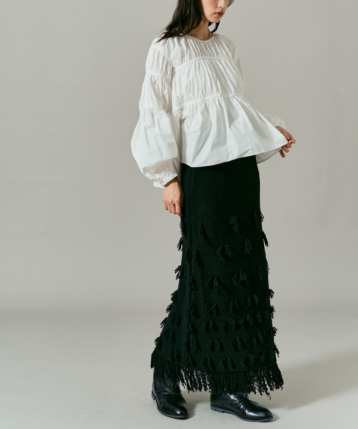 予約販売】ポイントフリンジニットナロースカート 全3色 | ボトムス